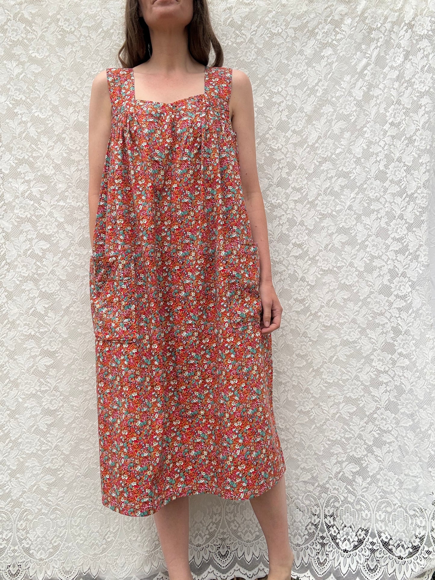 REWORKED HOUSE DRESS RED FLORAL 12-14