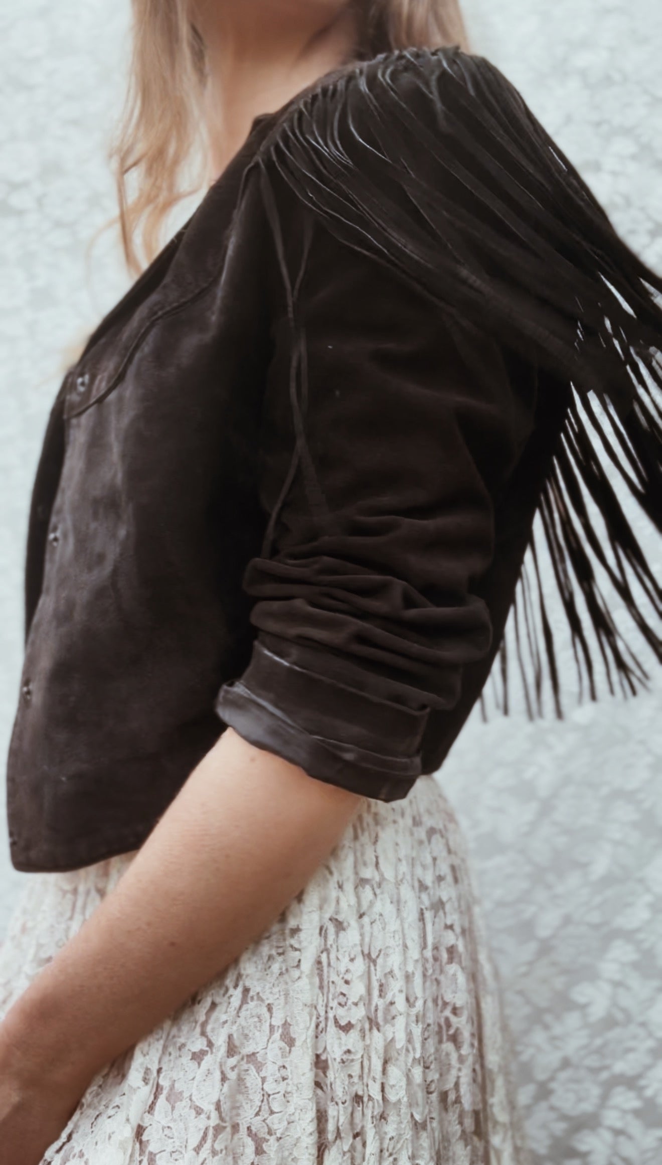 VINTAGE GENUINE SUEDE LEATHER TASSEL JACKET BLACK - SMALL