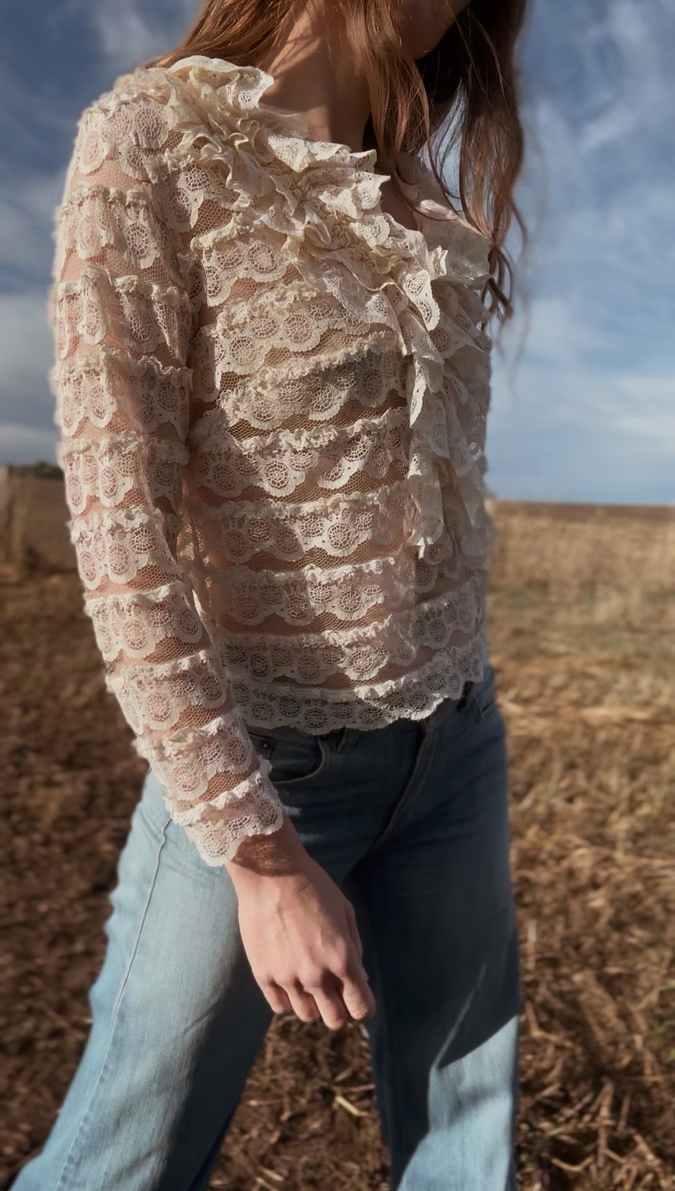 VINTAGE JOHN CRAIG LACE RUFFLE BLOUSE CREAM XS