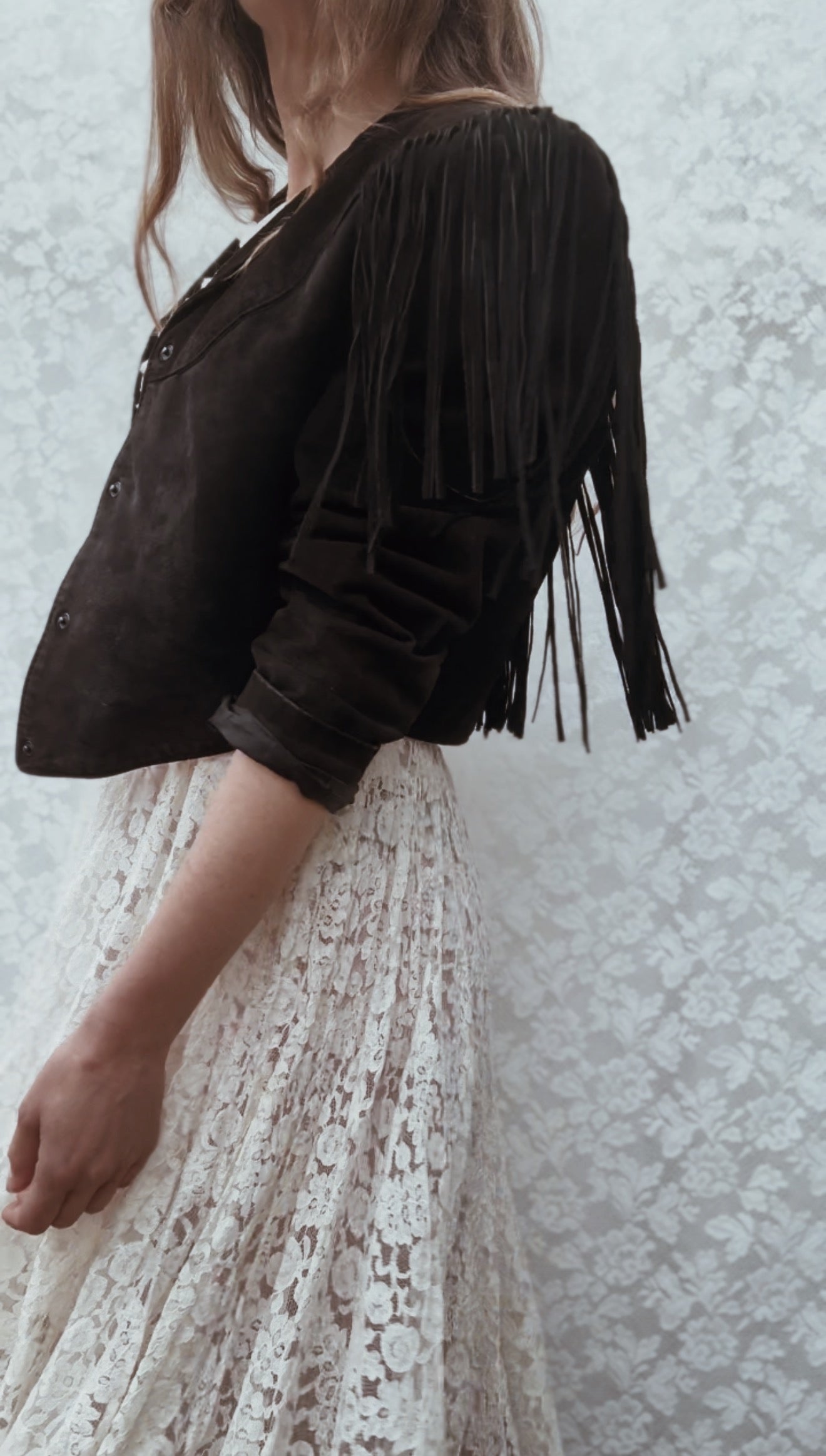 VINTAGE GENUINE SUEDE LEATHER TASSEL JACKET BLACK - SMALL