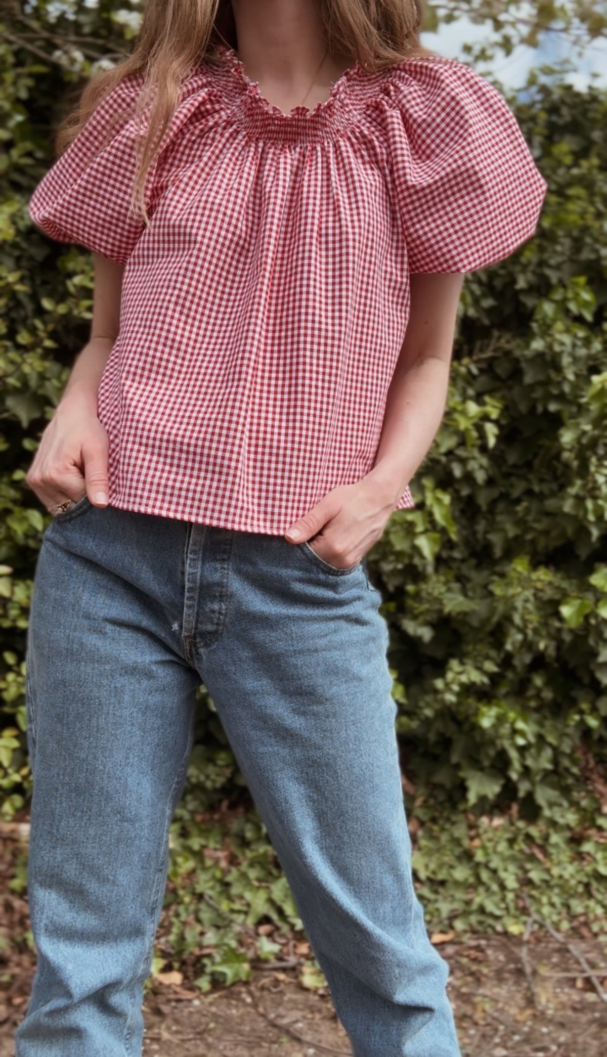 ANYA SMOCK BLOUSE RED GINGHAM COTTON