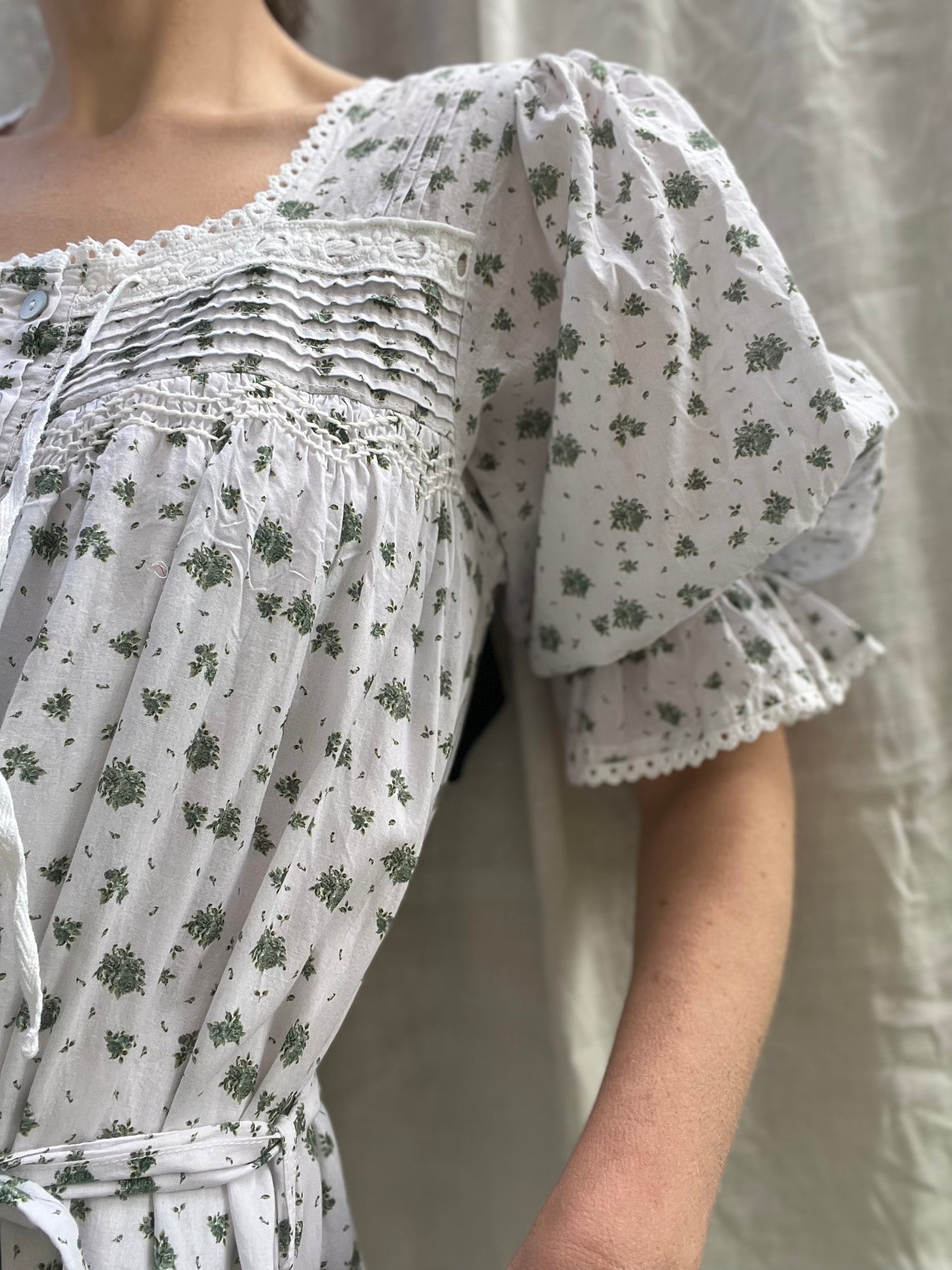 100% RECYCLED COTTON - MORNING SONG HAND SMOCKED TIERED DRESS - GREEN ROSE FLORAL