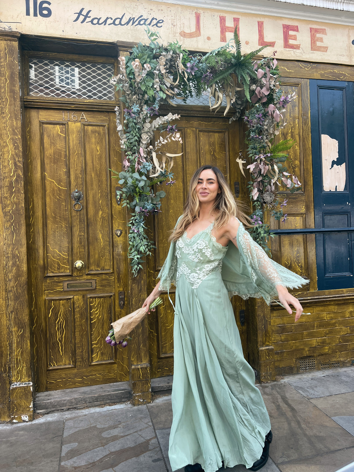 AURORA SILK & LACE DRESS - SAGE