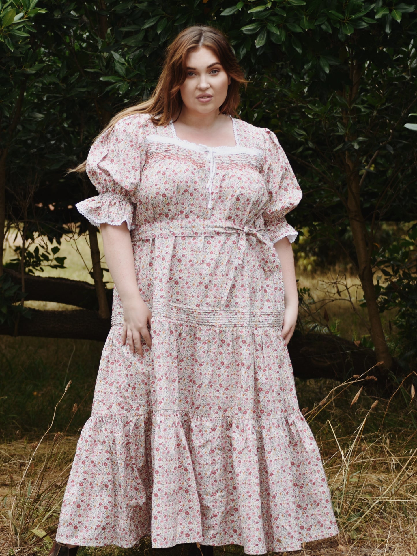 100% RECYCLED COTTON - MORNING SONG HAND SMOCKED TIERED DRESS - PINK DITSY FLORAL