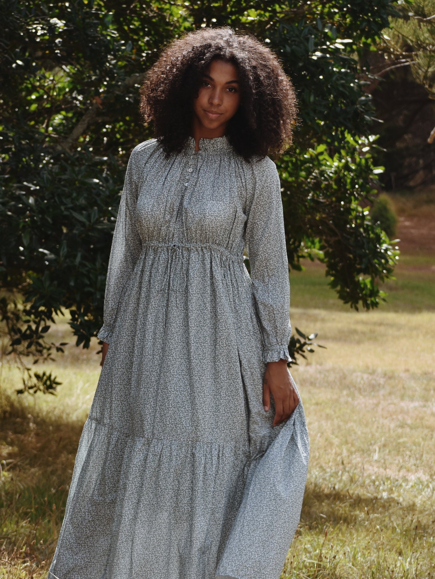 100% RECYCLED COTTON - PRAIRIE MAXI DRESS SAGE GREEN FLORAL