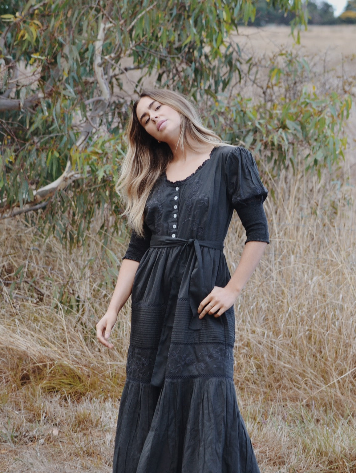 100% RECYCLED COTTON - AUGUSTINE MAXI DRESS WASHED BLACK