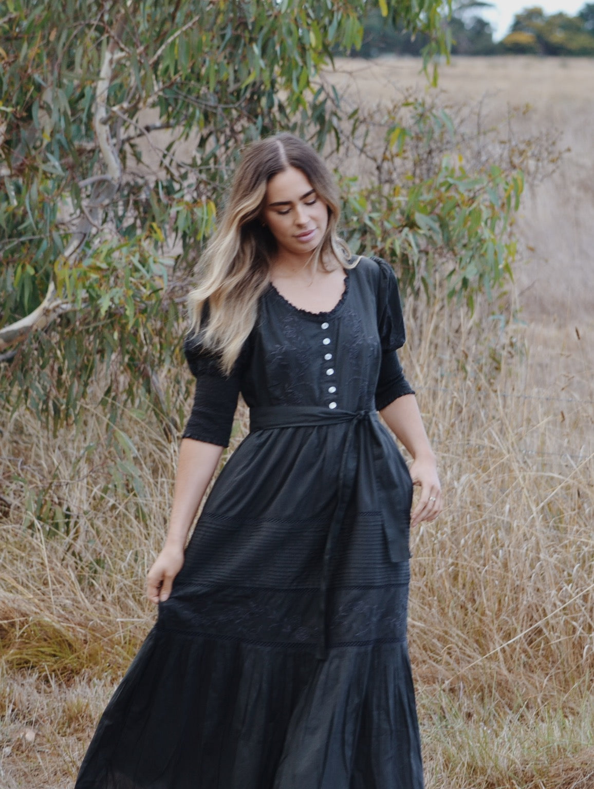 100% RECYCLED COTTON - AUGUSTINE MAXI DRESS WASHED BLACK