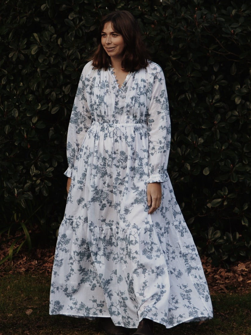 SECONDS - 100% RECYCLED COTTON - PRAIRIE MAXI DRESS TOILE BLUE ROSE