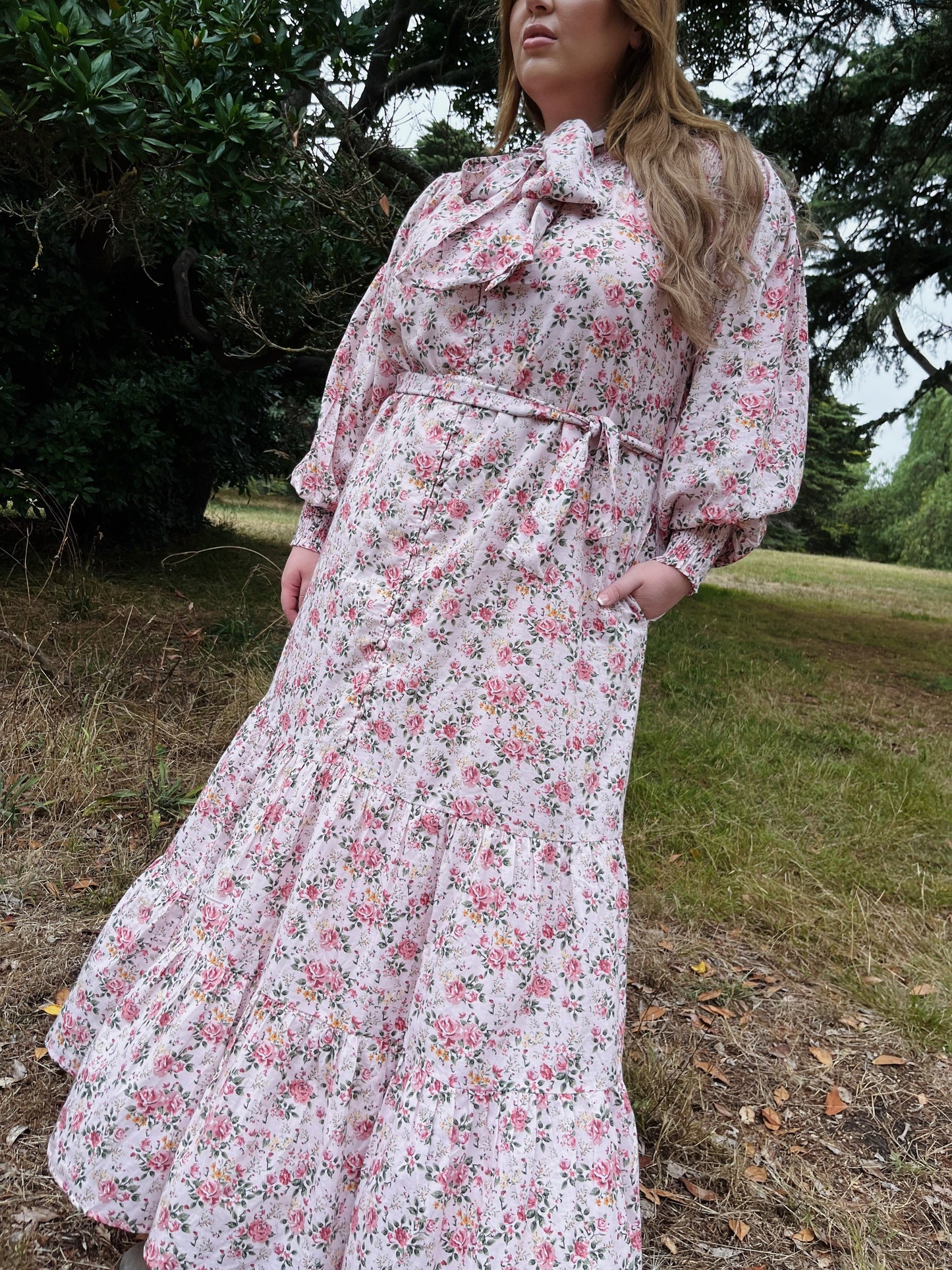 SECOND - 100% RECYCLED COTTON - FLEUR MAXI DRESS PUSSY BOW PINK ROSE