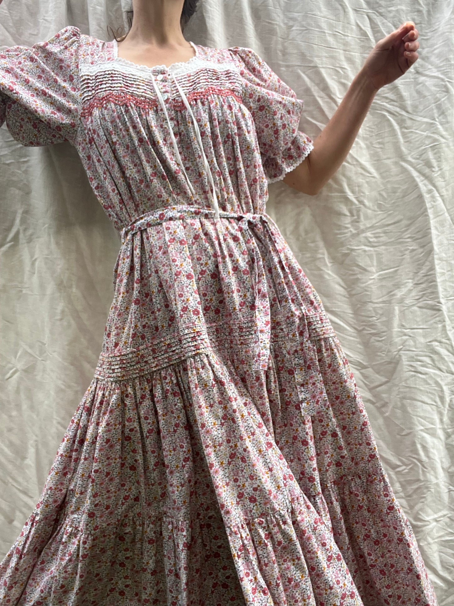 100% RECYCLED COTTON - MORNING SONG HAND SMOCKED TIERED DRESS - PINK DITSY FLORAL