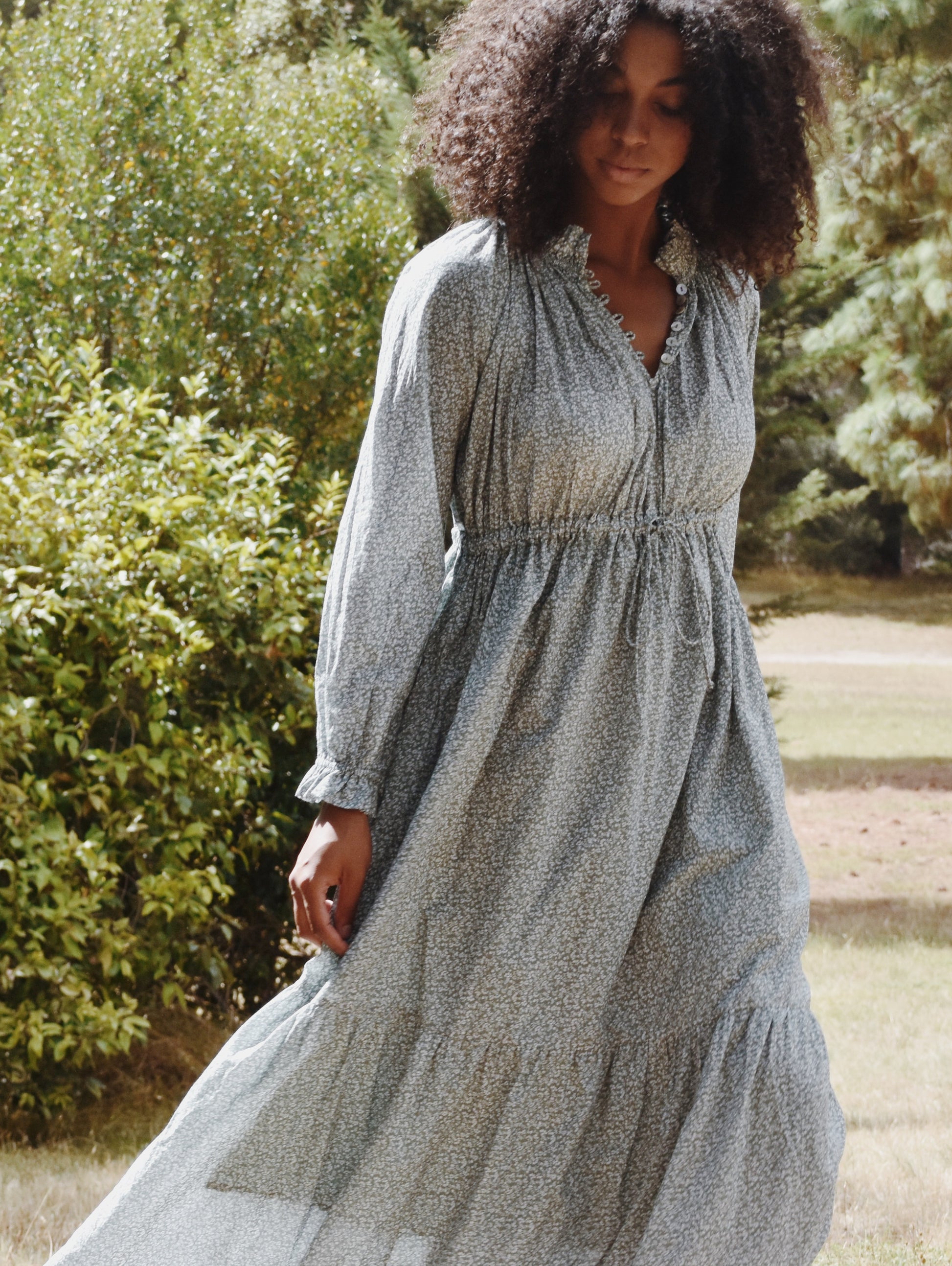 100% RECYCLED COTTON - PRAIRIE MAXI DRESS SAGE GREEN FLORAL ANKOA 100% RECYCLED COTTON - PRAIRIE MAXI DRESS SAGE GREEN FLORAL ANKOA