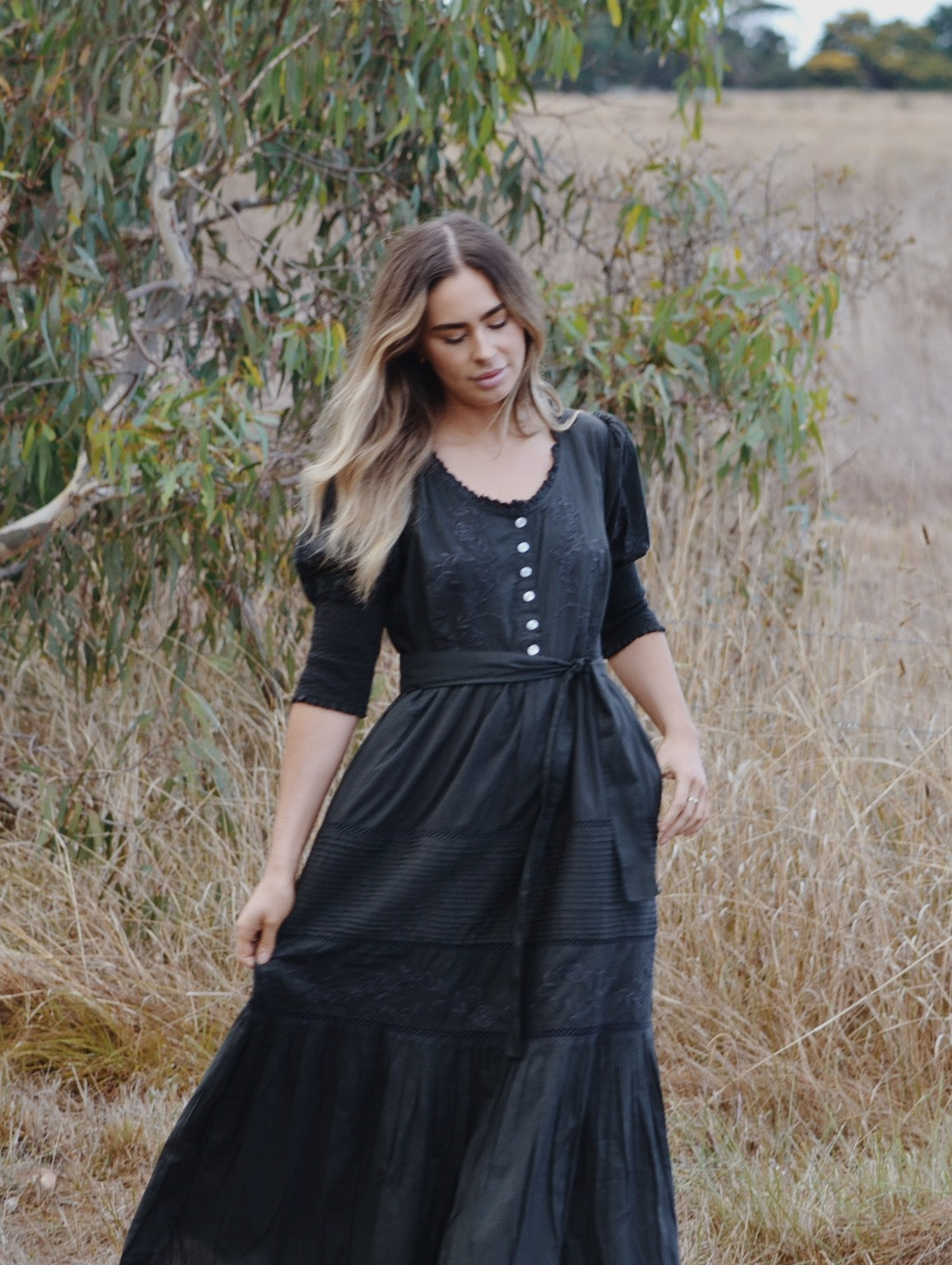 SECONDS - 100% RECYCLED COTTON - AUGUSTINE MAXI DRESS WASHED BLACK