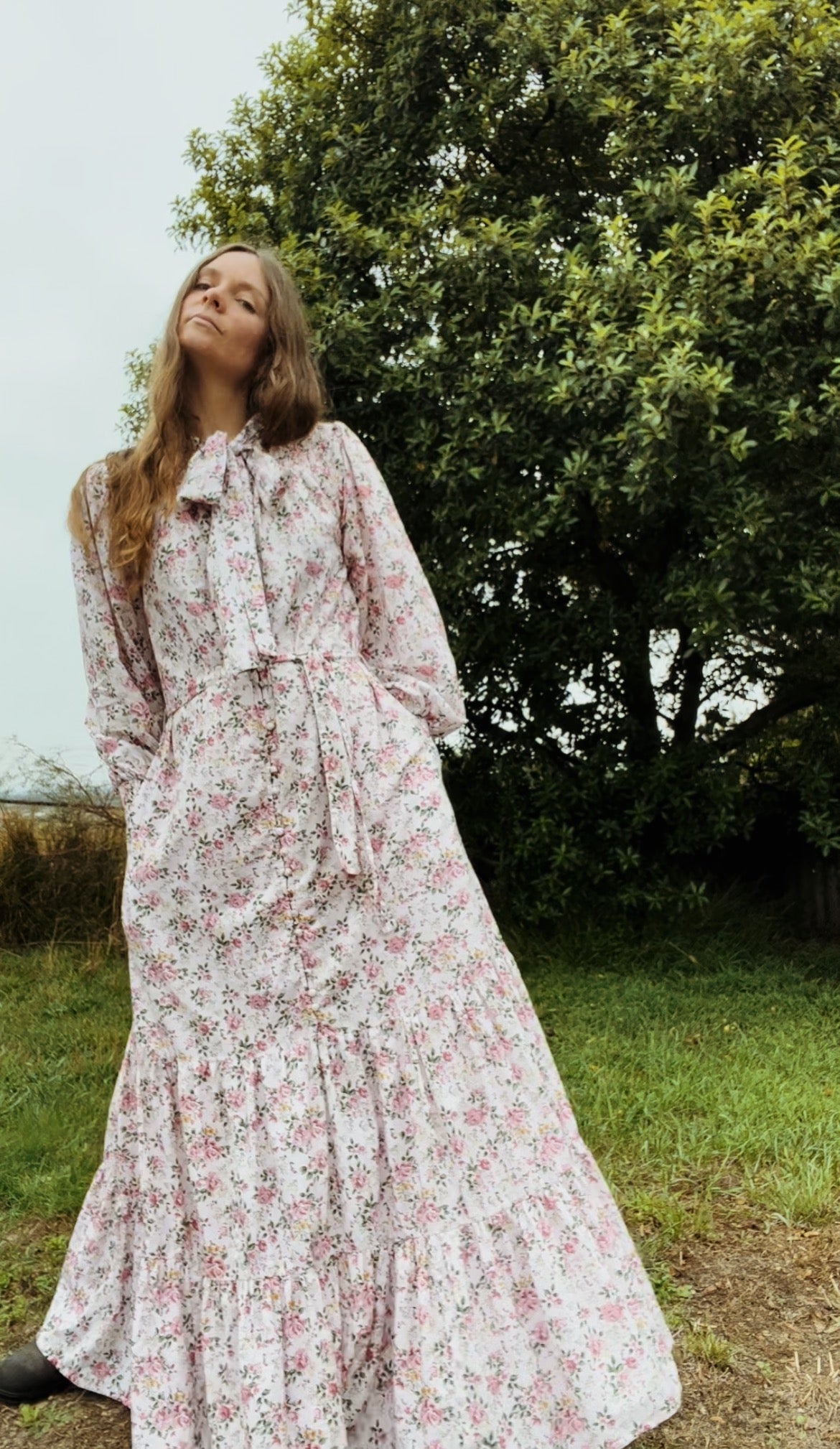 SECOND - 100% RECYCLED COTTON - FLEUR MAXI DRESS PUSSY BOW PINK ROSE