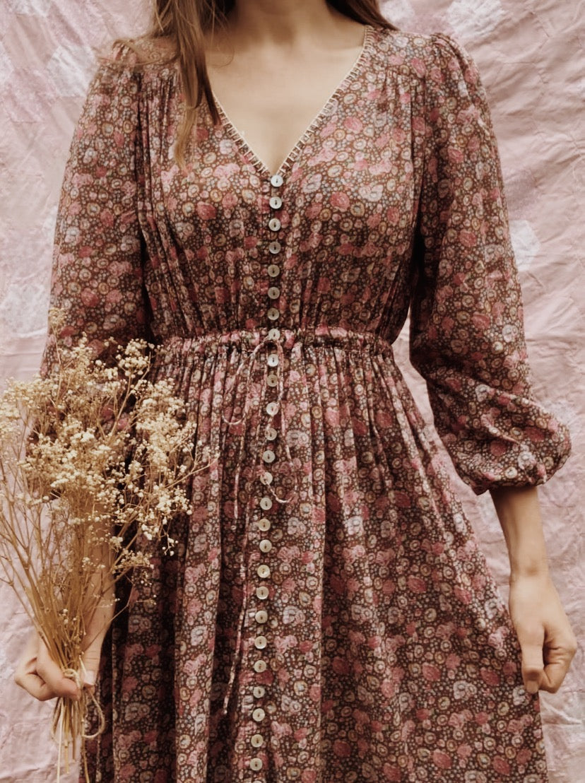 SMALL RESTOCK - MAÈLI MIDI DRESS BROWN FLORAL