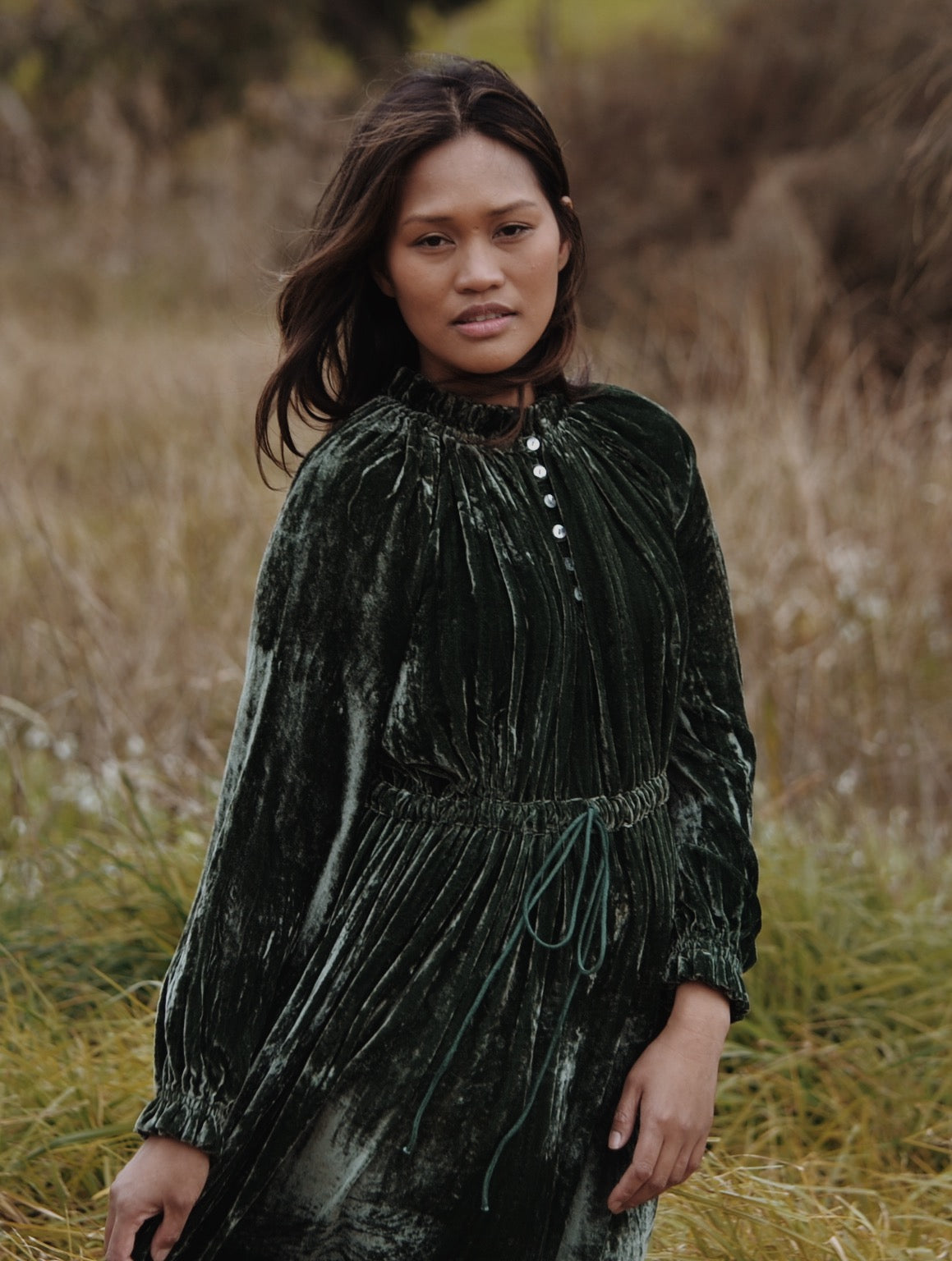 PRAIRIE SILK VELVET DRESS FOREST GREEN ANKOA
