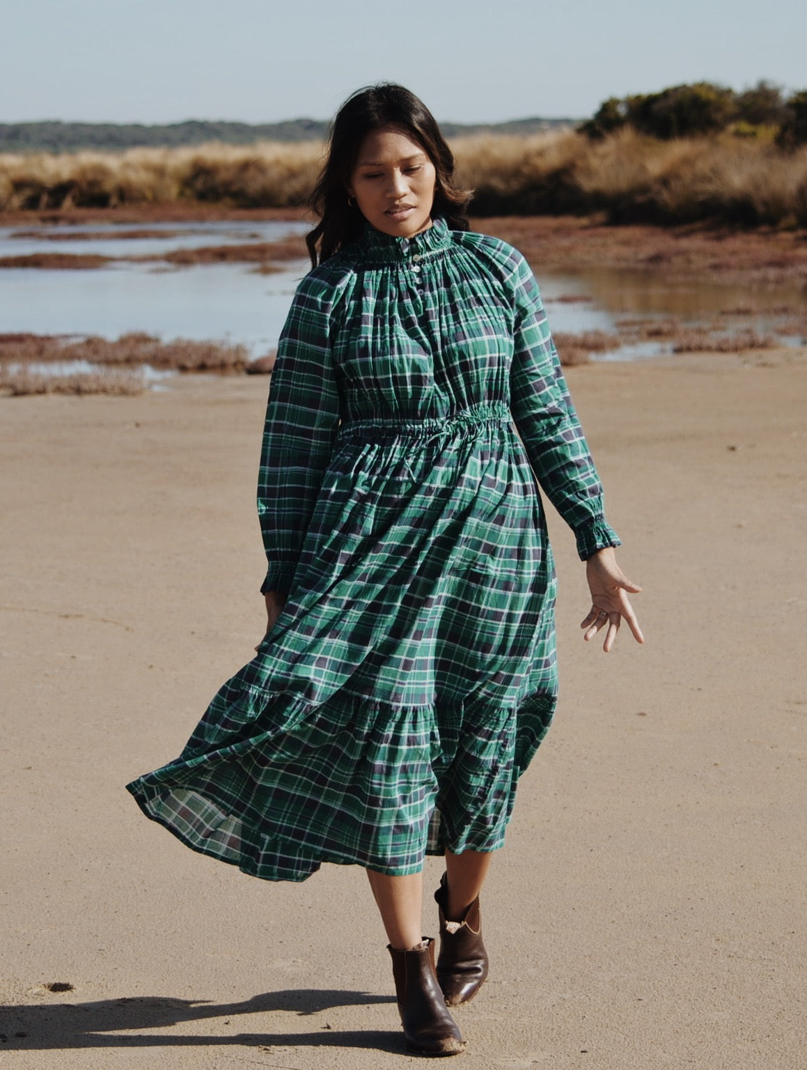PRAIRIE DRESS PLAID FOREST GREEN PRINT ANKOA PRAIRIE DRESS PLAID FOREST GREEN PRINT ANKOA