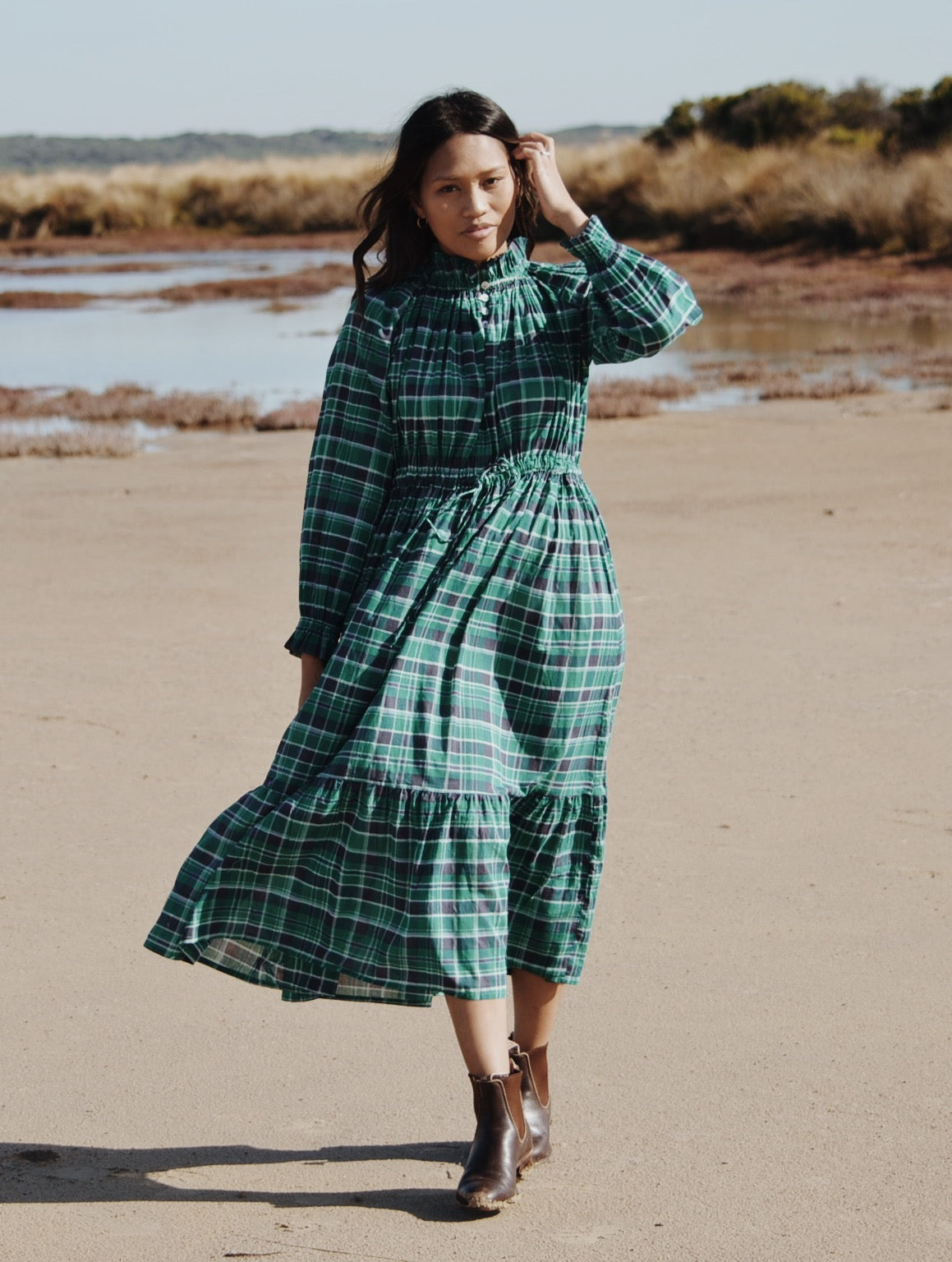 PRAIRIE DRESS PLAID FOREST GREEN PRINT ANKOA PRAIRIE DRESS PLAID FOREST GREEN PRINT ANKOA