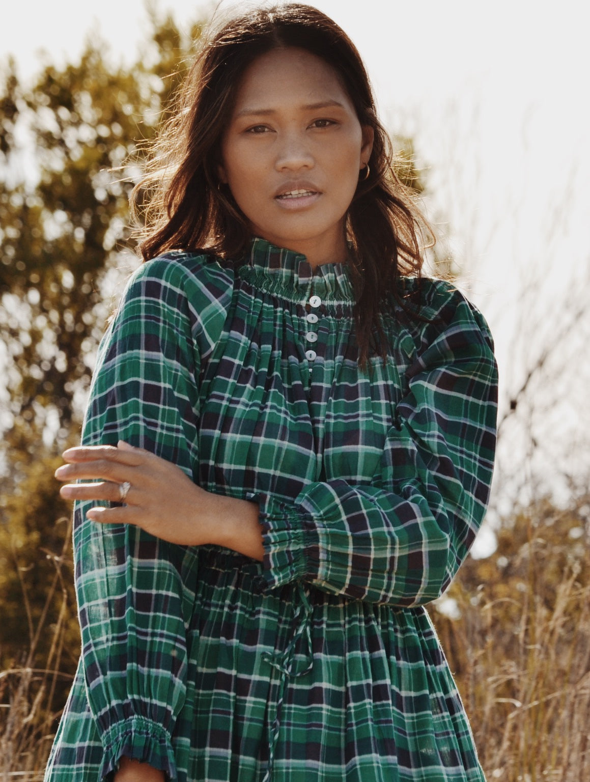 PRAIRIE DRESS PLAID FOREST GREEN PRINT ANKOA PRAIRIE DRESS PLAID FOREST GREEN PRINT ANKOA
