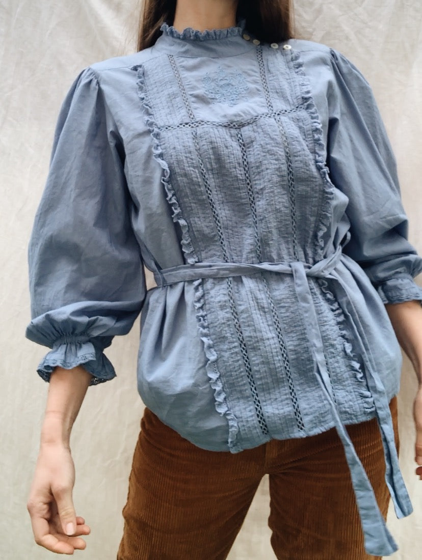 100% RECYCLED COTTON - PAULINA DUSTY BLUE COTTON BLOUSE