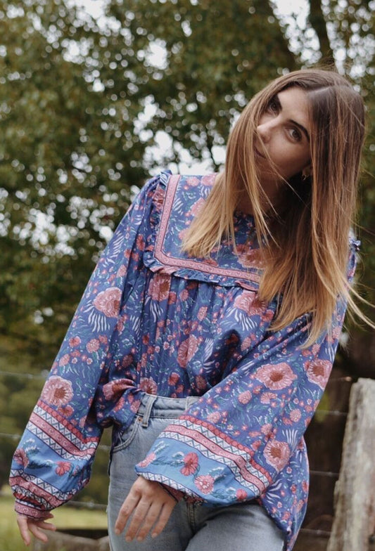 PRELOVED DALI BLOUSE BLUE FLORAL SMALL
