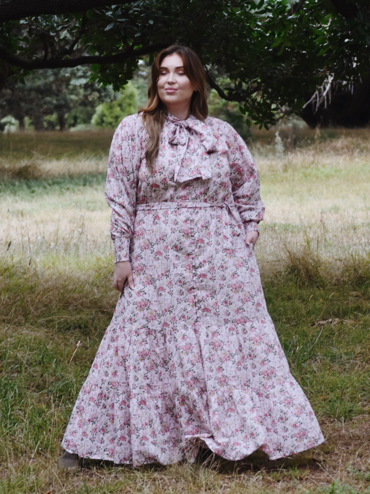 100% RECYCLED COTTON - FLEUR MAXI DRESS PUSSY BOW PINK ROSE
