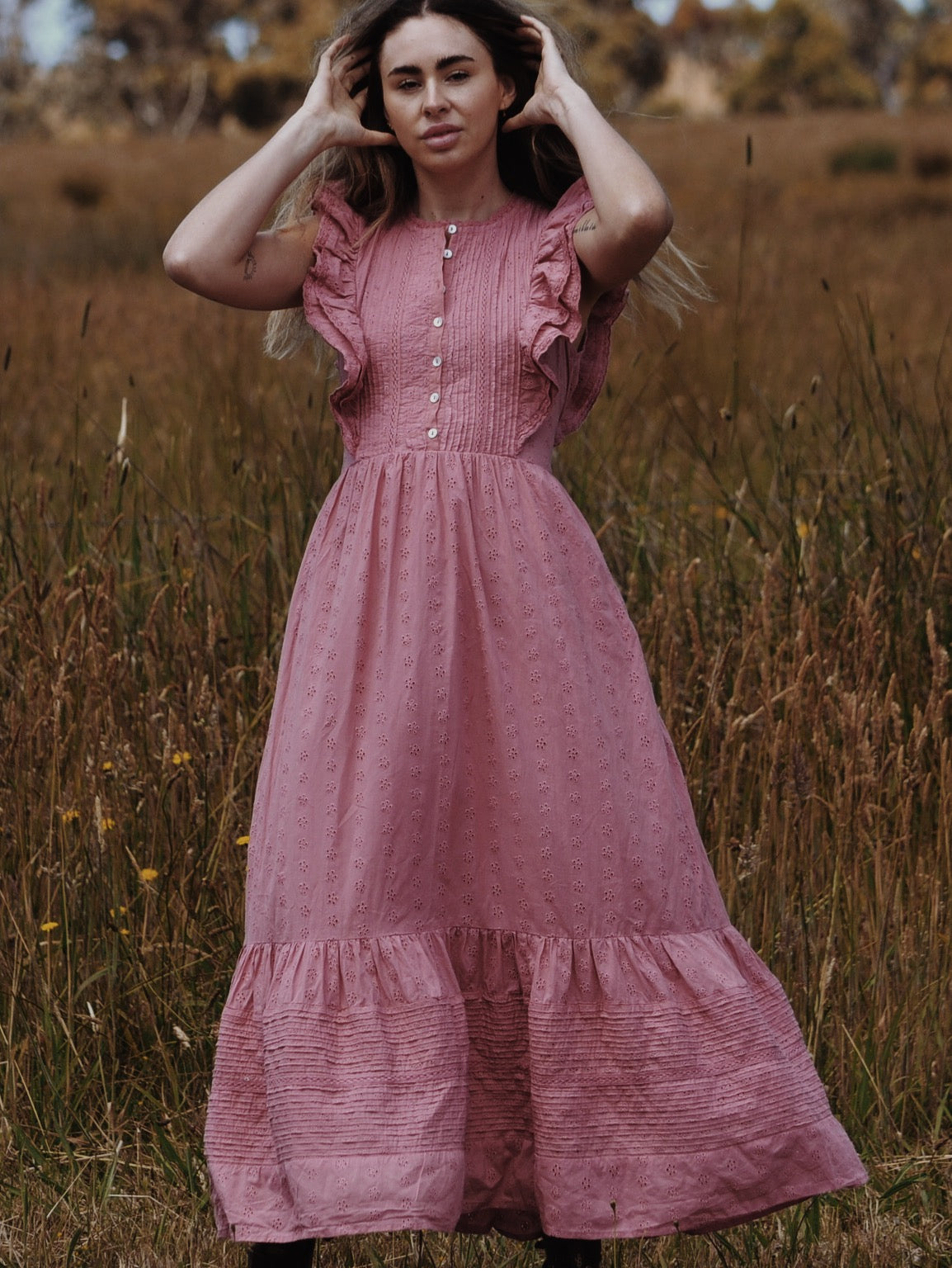 100% RECYCLED COTTON - ARLINGTON DRESS DUSTY PINK BUTTON THROUGH