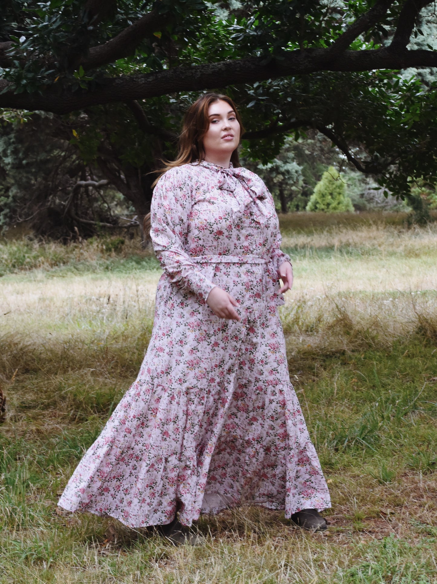 100% RECYCLED COTTON - FLEUR MAXI DRESS PUSSY BOW PINK ROSE