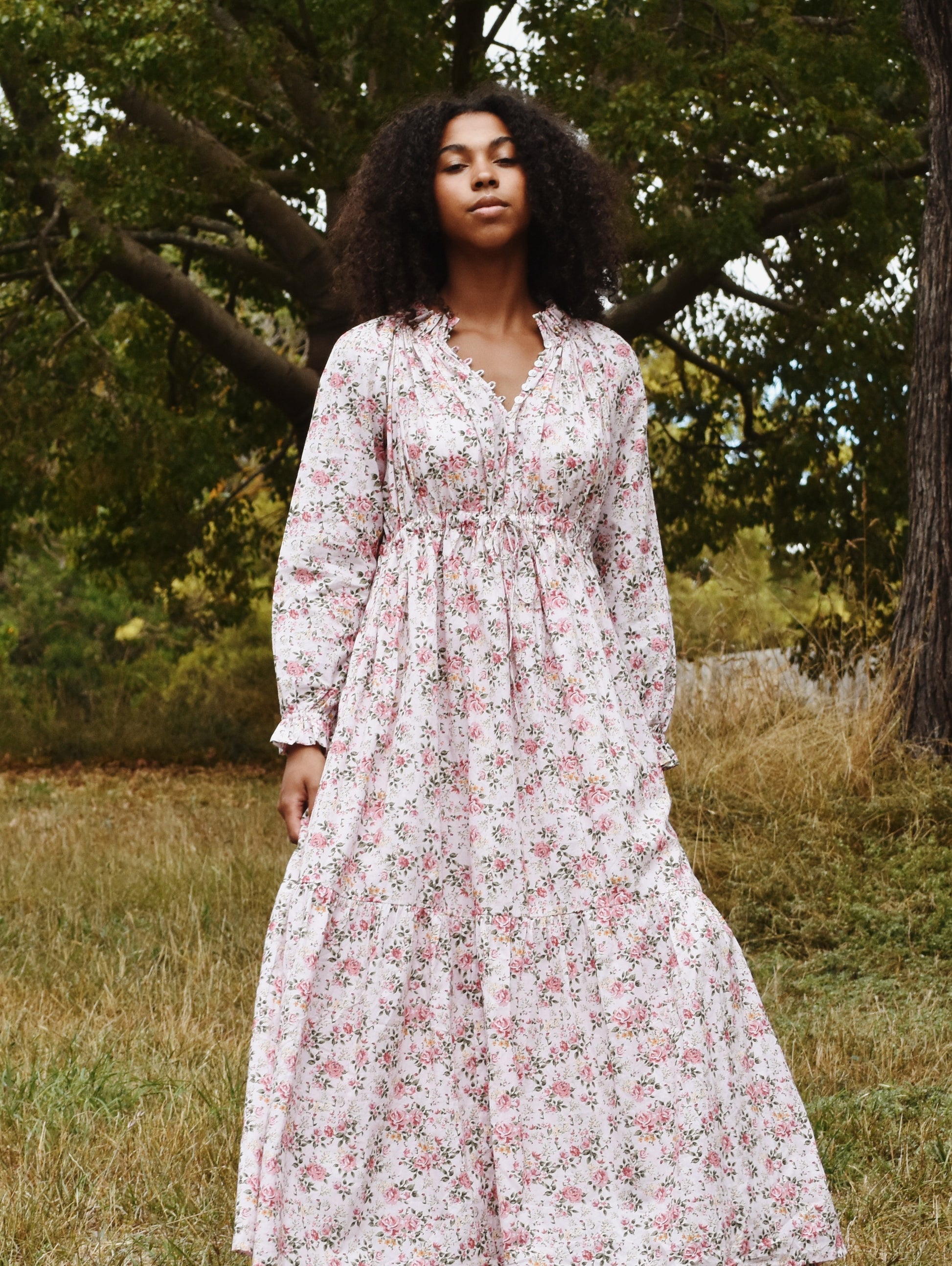 100% RECYCLED COTTON - PRAIRIE MAXI DRESS PINK ROSE FLORAL ANKOA 100% RECYCLED COTTON - PRAIRIE MAXI DRESS PINK ROSE FLORAL ANKOA