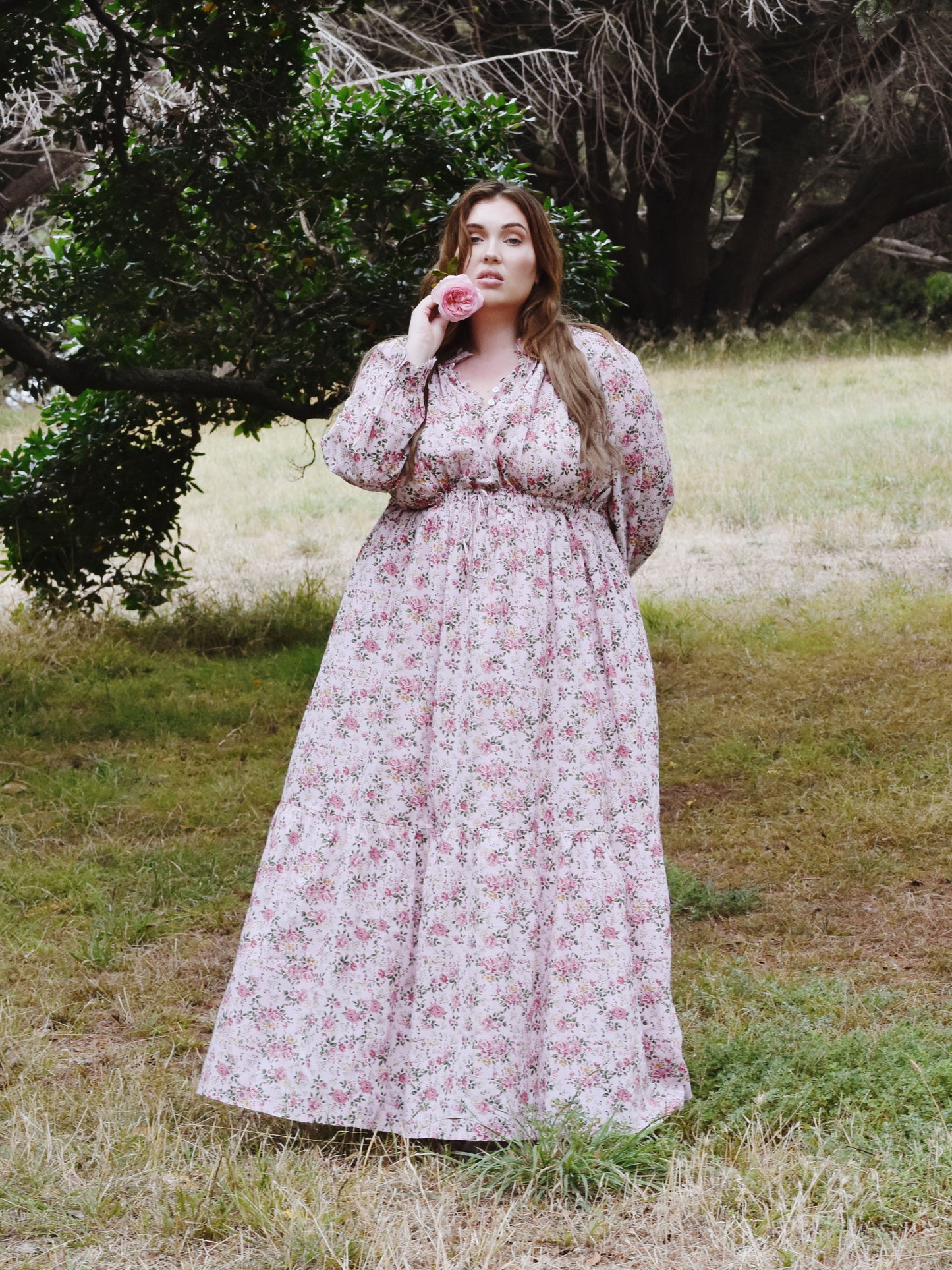 100% RECYCLED COTTON - PRAIRIE MAXI DRESS PINK ROSE FLORAL