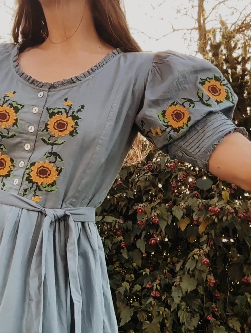 100% RECYCLED COTTON - FAUSTINE DRESS SUNFLOWER CROSS STITCH