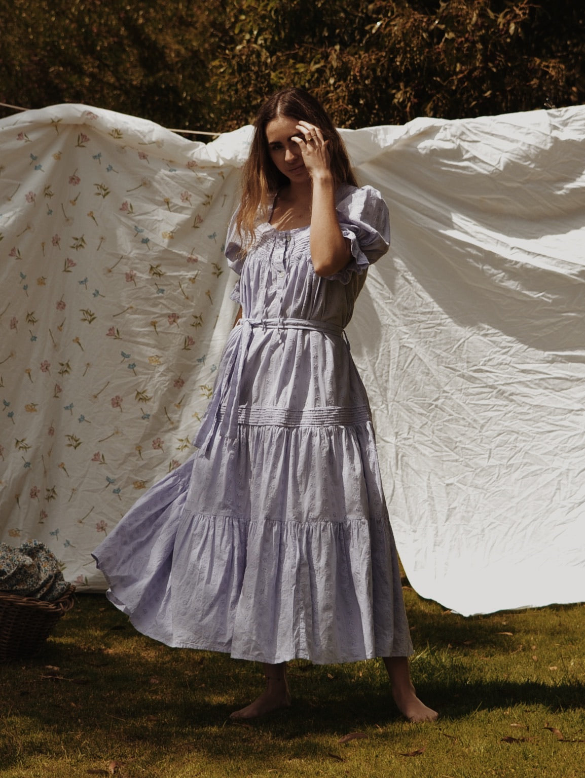 100% RECYCLED COTTON - MORNING SONG HAND SMOCKED TIERED MAXI DRESS - LAVENDER